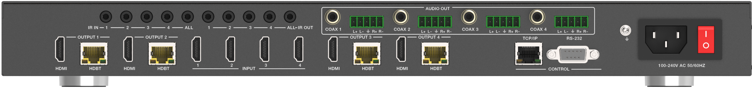 4×4 4K60 HDMI to HDBaseT/HDMI Matrix Switcher with Audio De-Embed and PoC
