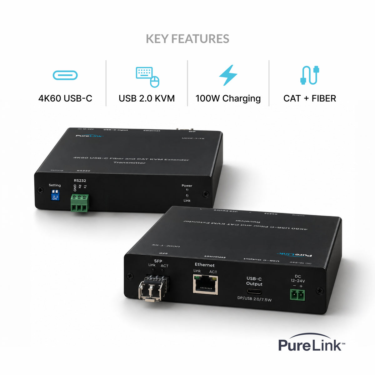 4K60 USB-C KVM Extender over CAT or Fiber with 100W PD