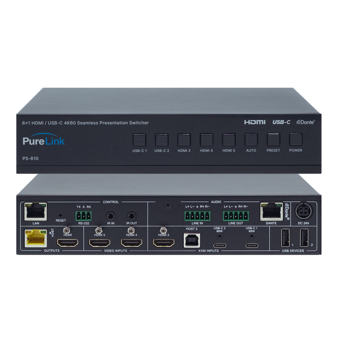 6x1 HDMI / USB-C 4K60 Seamless Presentation Switcher with Dante