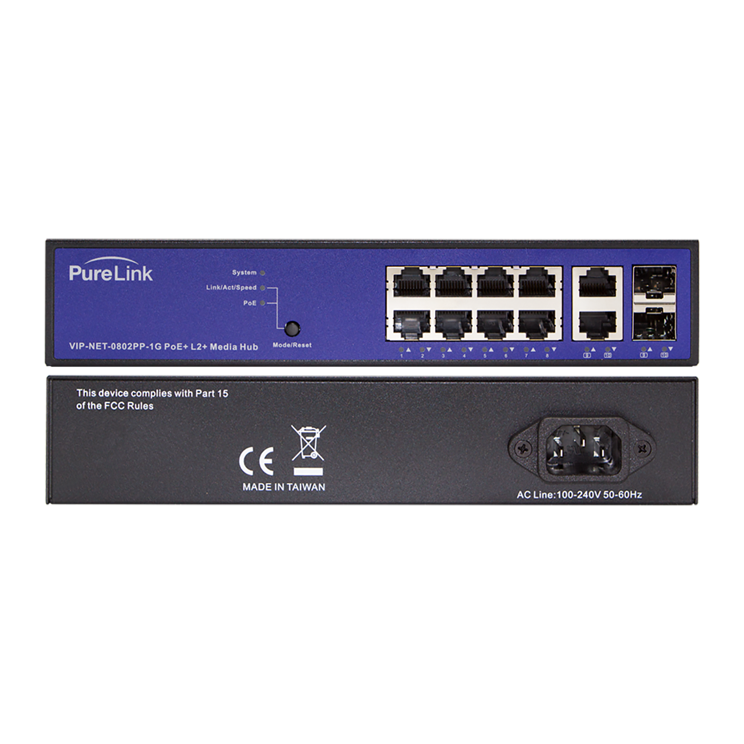 1G Media Hub – 8 Port 1000Base-T, 2 Port 1000Base-X SFP with POE+